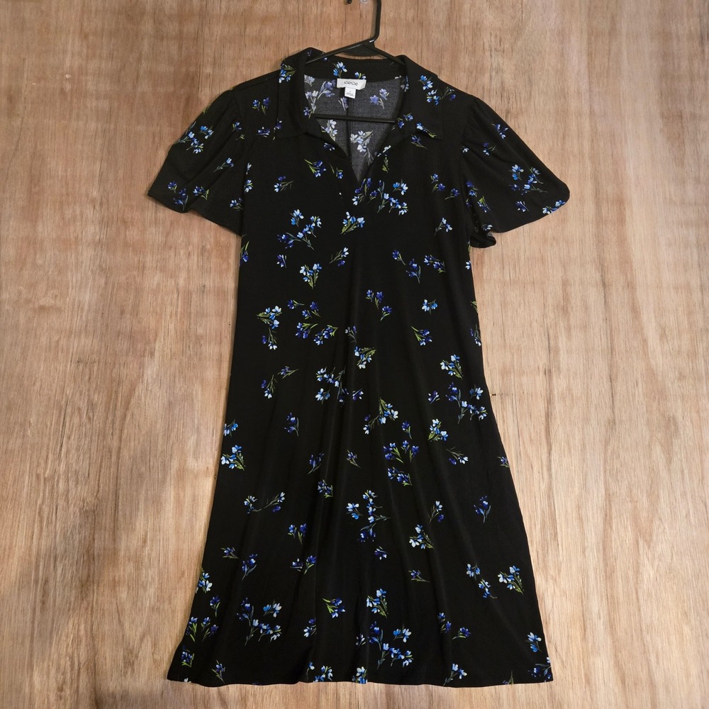 CeCe Womens Black Blue Floral V-Neck Puff Sleeve Knit Dress Size Medium